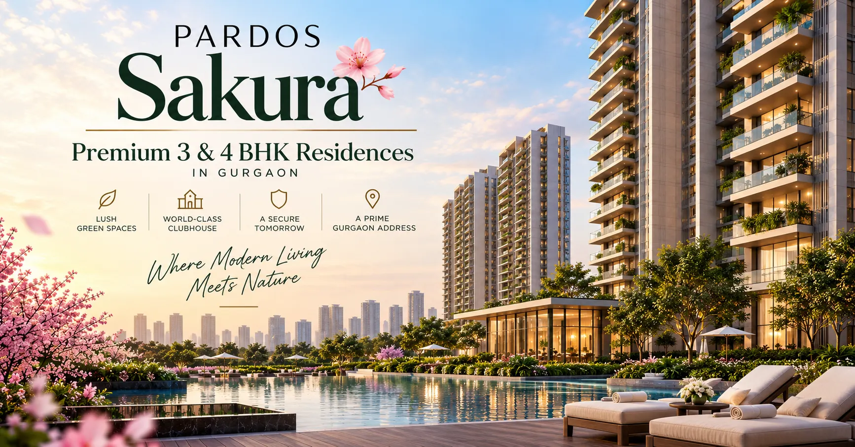 Pardos Sakura premium 3 and 4 BHK residences in Gurgaon with luxury towers, landscaped gardens and swimming pool